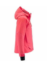 Giacca leggera rosa con cappuccio, chiusura con zip e polsini elasticizzati. Presenta una texture liscia e dettagli delle cuciture angolari, ideale per l'abbigliamento outdoor.