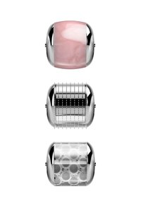 Tre metalliska kapselformade produkter: toppen har en rosa marmorliknande yta, mitten har vertikala linjer och botten har ett upphöjt bubbelmönster.