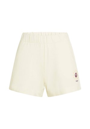 Krémové šortky s elastickým pásom, hladkou textúrou a malým vyšívaným motívom slnka na dolnej ľavej strane.