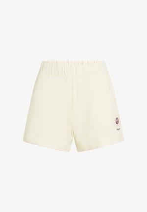 Kreemivärvilised lühikesed püksid elastse vöökohaga, siledat tekstuuri ning alumisel vasakul küljel väikese tikitud päikesemustriga.