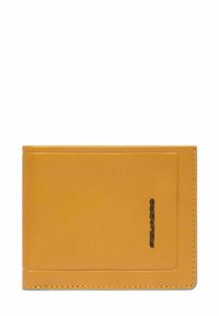 Portafoglio bifold in pelle color cuoio con cuciture visibili e piccolo logo del marchio nero sul lato anteriore destro.