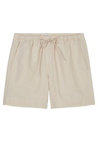 Pantaloni corti di lino beige con vita elastica, chiusura con cordino e due tasche laterali. Design semplice con vestibilità comoda.