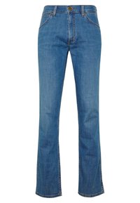 Jeans in denim svasato con vita media, realizzati in cotone blu, caratterizzati da cinque tasche e cuciture a contrasto.