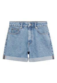 Pantalones cortos de mezclilla azul claro con dobladillos enrollados, cierre de botón y cremallera en la parte frontal, y tres bolsillos frontales, incluyendo un pequeño bolsillo para monedas.