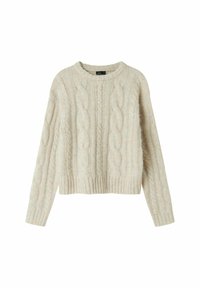 Pull en maille tressée crème avec manches longues, poignets côtelés et ourlet côtelé, doté d'un col rond.