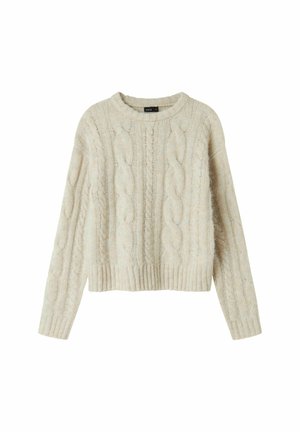Pull en maille tressée crème avec manches longues, poignets côtelés et ourlet côtelé, doté d'un col rond.