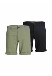Cotton shorts in olive green and black, featuring rolled cuffs, button closure, and a classic design. Smooth texture with subtle stitching accents.
