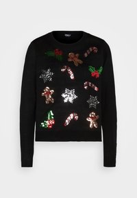 Schwarzer Pullover mit bunten, glitzernden Feiertagsmotiven, darunter Zuckerstangen, Schneeflocken und Lebkuchenfiguren. Rundhalsausschnitt.