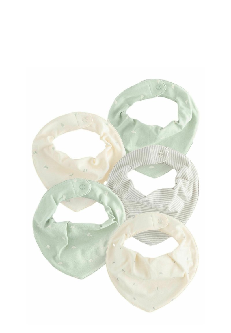 Set van vijf bandana slabbetjes van zacht katoen. Kleuren omvatten lichtgroen en crème met patronen van regenbogen en stippen, met drukknoopsluitingen.