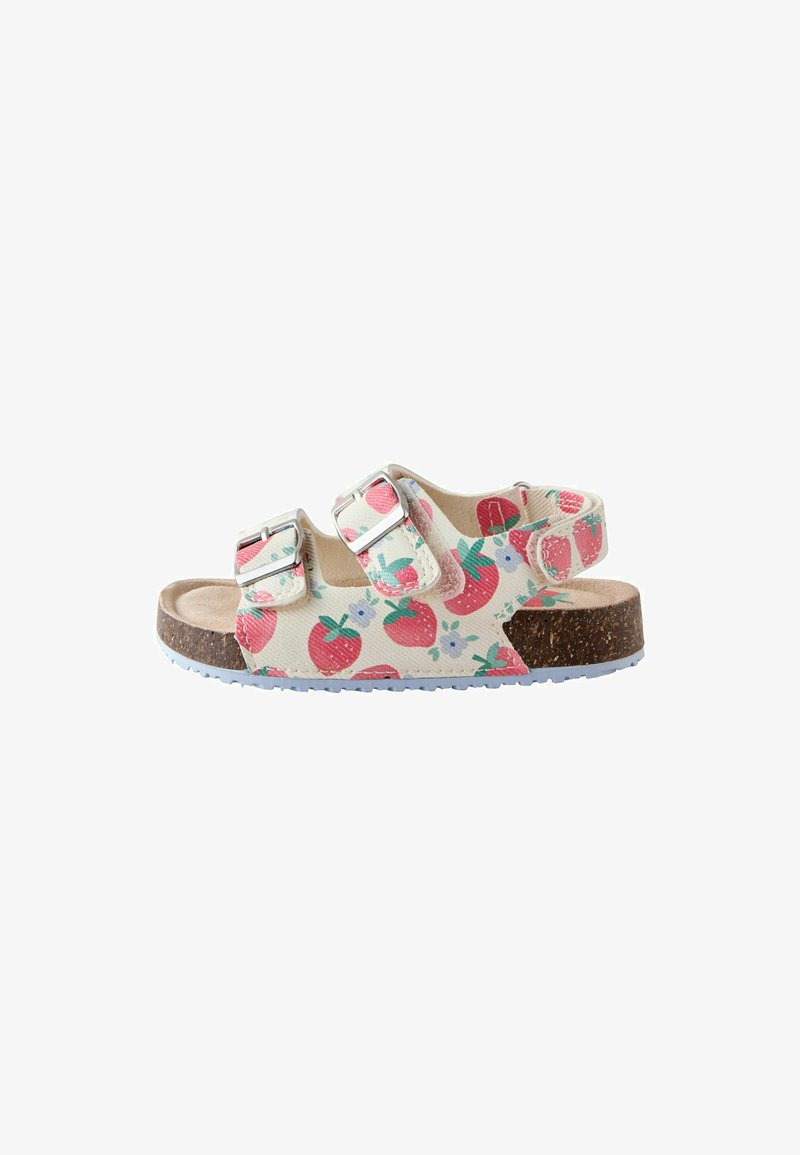Sandales à motif fraise avec deux sangles ajustables, semelle intérieure couleur liège et semelle en caoutchouc durable avec des accents bleu clair.