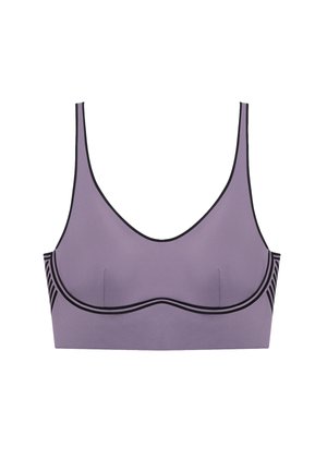 Lilla sports-bh med sort kant ved halsudskæringen, under brystet og på siderne, udstyret med brede skulderstropper og et glat, sømløst design.