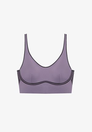 Top sportivo viola con rifiniture nere attorno al colletto, sotto il seno e sui lati, dotato di spalline larghe e design liscio e senza cuciture.