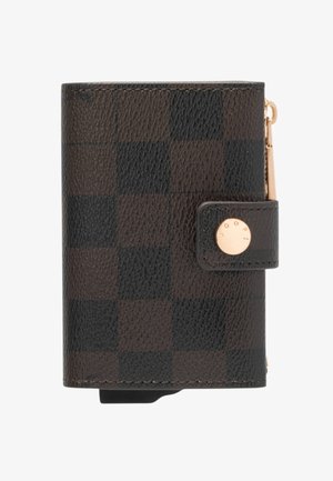 Brown checkered wallet made from textured leather, featuring a gold-tone accent button and a zipper, with a compact square shape.