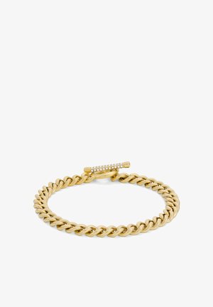 Bracelet chaîne en or avec une finition polie, présentant des maillons entrelacés et un fermoir à barre orné de petites pierres précieuses claires.