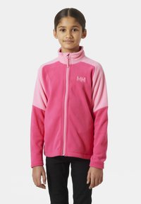 Polarowa kurtka w dwóch odcieniach różu, z wysokim kołnierzem, pełnym zamkiem błyskawicznym i logo na piersi. Miękka faktura z długimi rękawami.