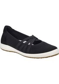 Scarpa slip-on in rete nera con suola in gomma. Caratterizzata da fasce elastiche incrociate sulla parte superiore e una suola intermedia bianca con una punta nera texturizzata.
