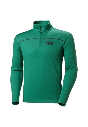 Grüner Halbzip-Pullover aus atmungsaktivem Material, mit langen Ärmeln, hohem Kragen und einem schwarzen Logo auf der Brust.