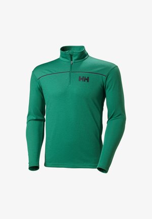 Groene half-zip pullover gemaakt van ademend materiaal, met lange mouwen, een hoge kraag en een zwart logo op de borst.