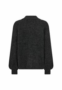 Maglione grigio scuro lavorato a maglia con un motivo a coste testurizzato, spalle basse e polsini elasticizzati. Presenta un collo alto per un maggiore calore.
