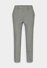 Svart- och vitt rutigt byxmaterial med slim fit, subtil lyster, sidofickor och skräddarsydd midjeband.
