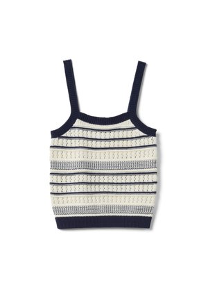 Sleeveless knitted cropped top with navy blue straps, hems, and cream body featuring navy blue horizontal stripes and textured patterns.