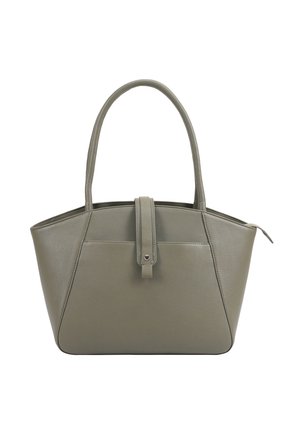 Gray leather handbag with two handles, a front strap with snap closure, and a top zipper on a white background.