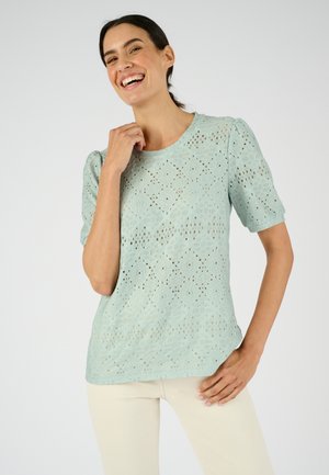 Blusa de ojo de perdiz de color azul claro que presenta mangas cortas abullonadas, un escote redondo y recortes en forma de diamante para transpirabilidad y textura.