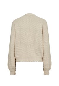 Pull beige en tricot avec motif texturé, manches longues, poignets côtelés et ourlet festonné, vu de dos sur fond blanc.