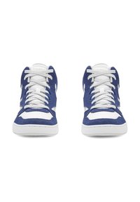 Priekšējais skats uz pāri ziliem un baltajiem Reebok sporta apaviem ar baltiem šņorēm uz baltas fona.