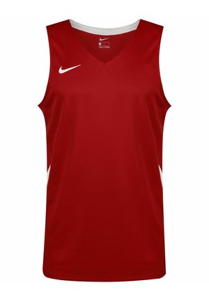 Červený sportovní dres Nike bez rukávů s bílým logem swoosh na pravé straně hrudi a bílým lemováním kolem límce.