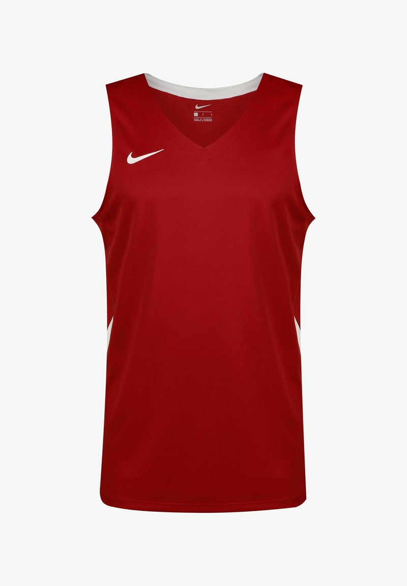 Maillot de sport Nike sans manches rouge avec logo swoosh blanc sur le côté droit de la poitrine et bordure blanche autour du col.