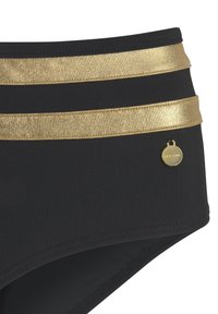 Shorts de bain noirs avec trois rayures horizontales dorées pailletées à la taille et un petit logo circulaire doré sur le côté.