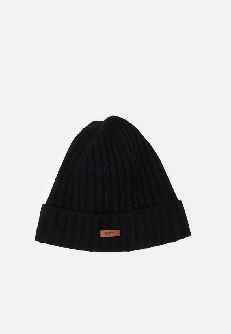 Bonnet en tricot noir avec une texture côtelée et un revers. Doté d'une petite étiquette en cuir avec le logo "BARTS".