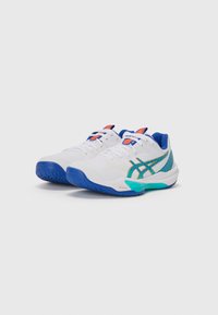 White athletic shoes with blue and green accents, featuring a textured upper, lace closure, and patterned side design.