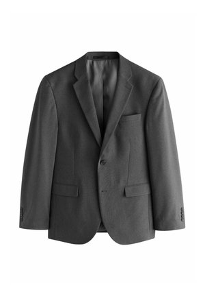 Blazer gris de tejido texturado, con cierre de un solo botón, solapas de muesca y bolsillo en el pecho. Incluye dos bolsillos frontales.