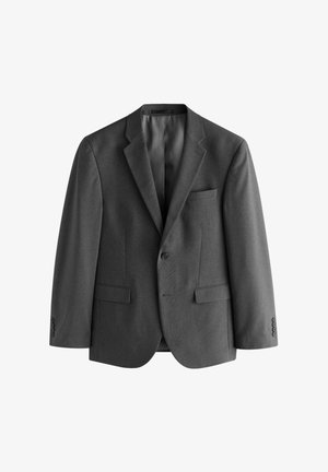 Gray blazer made of textured fabric, featuring a single-button closure, notch lapels, and a breast pocket. Two front pockets included.