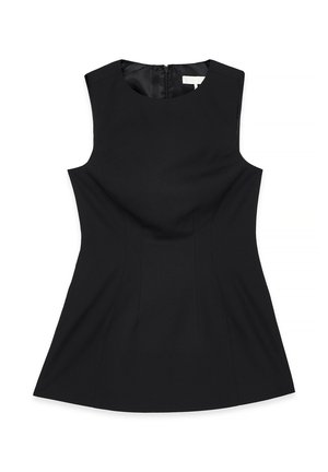 Svart ärmlös klänning med en figurnära bodice, utsvängd nederkant, rund hals och dragkedjestängning bak. Slät tyg med minimala design detaljer.