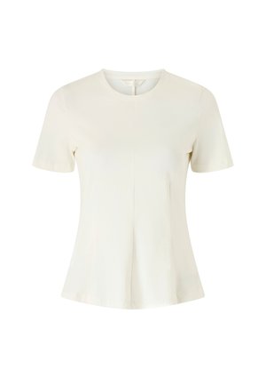 Dames top met korte mouwen in crèmewit, met een ronde halslijn en een subtiele verticale naad in het midden aan de voorkant.