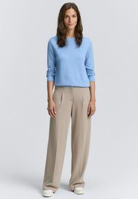 Hellblauer Pullover aus weichem Material mit langen Ärmeln, kombiniert mit beigen, plissierten Hosen. Das Model trägt weiße Sneakers. Einfaches, modernes Design.