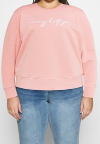 Felpa rosa con scollatura a girocollo, maniche lunghe e un logo ricamato bianco sul davanti. Abbinata a jeans azzurri chiari sfilacciati.