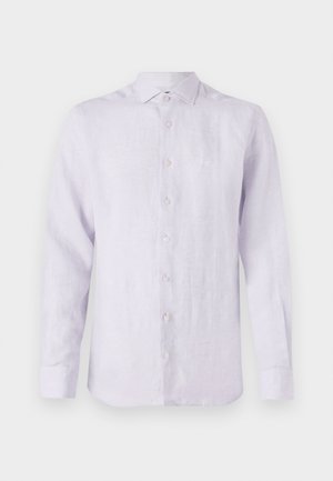 Light lavender long-sleeve linen shirt with button-down collar, front buttons, and subtle textured finish. Small logo on chest.