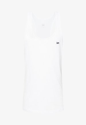 White cotton tank top featuring a scoop neckline, sleeveless design, and a small navy "Lee" logo on the left chest area.