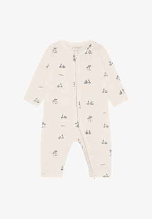 Beiger Baby-Strampler mit langen Ärmeln, durchgehendem Reißverschluss vorne sowie Aufdrucken von blauem Roller, Palme und Surfbrett.