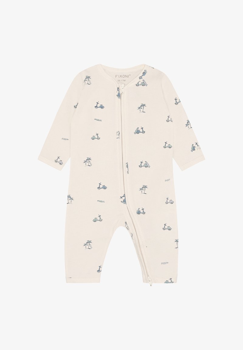 Beiger Baby-Strampler mit langen Ärmeln, durchgehendem Reißverschluss vorne sowie Aufdrucken von blauem Roller, Palme und Surfbrett.