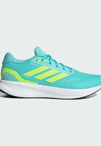 Turquoise athletic shoe with mesh upper, three lime green stripes, laces, and white Cloudfoam sole featuring textured accent details.