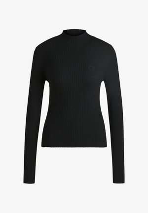 Top negro de manga larga con un cuello alto. Presenta una silueta ajustada y un sutil detalle de logo en el pecho. Textura suave.