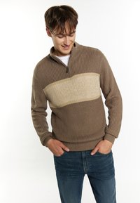Bruine gebreide sweater met een crèmekleurige horizontale streep, ritssluiting bij de kraag, textuurstof en geribde manchetten, gedragen met blauwe jeans.