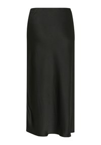 Jupe midi noire en matériau lisse, présentant une coupe droite et un léger éclat. Pas de motifs visibles, avec un design épuré et minimal.