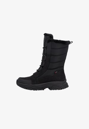 Schwarze wasserdichte Winterstiefel mit gepolstertem Schaft, Fellfutter, Schnürverschluss und einer dicken Gummisohle für besseren Halt. Aus Gummi und Textilmaterialien.