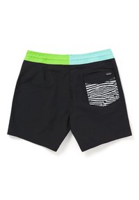 Bañador negro con una cinturilla elástica verde y azul. Presenta un bolsillo a rayas en la parte posterior con un patrón de cebra. Tejido suave, de longitud media.